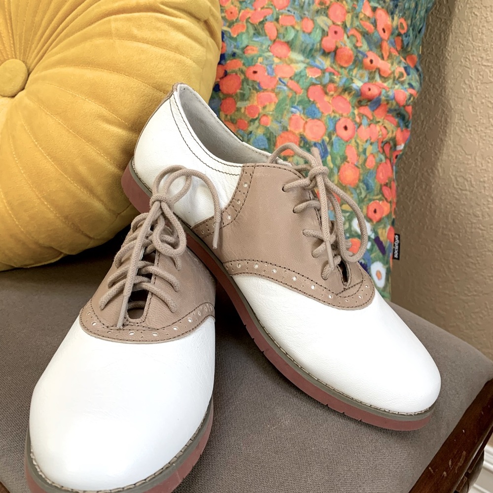 White and taupe “Sadie” saddle shoes by Eastland